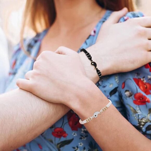 Yin Yang Couple Bracelets, 2 Matching Adjustable Cord Bracelets Long Distance... - Picture 4 of 6
